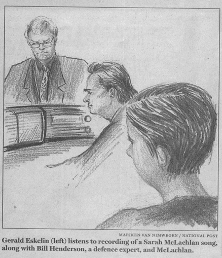 sketch of Gerald Eskelin, Bill Henderson and Sarah McLachlan in the court room